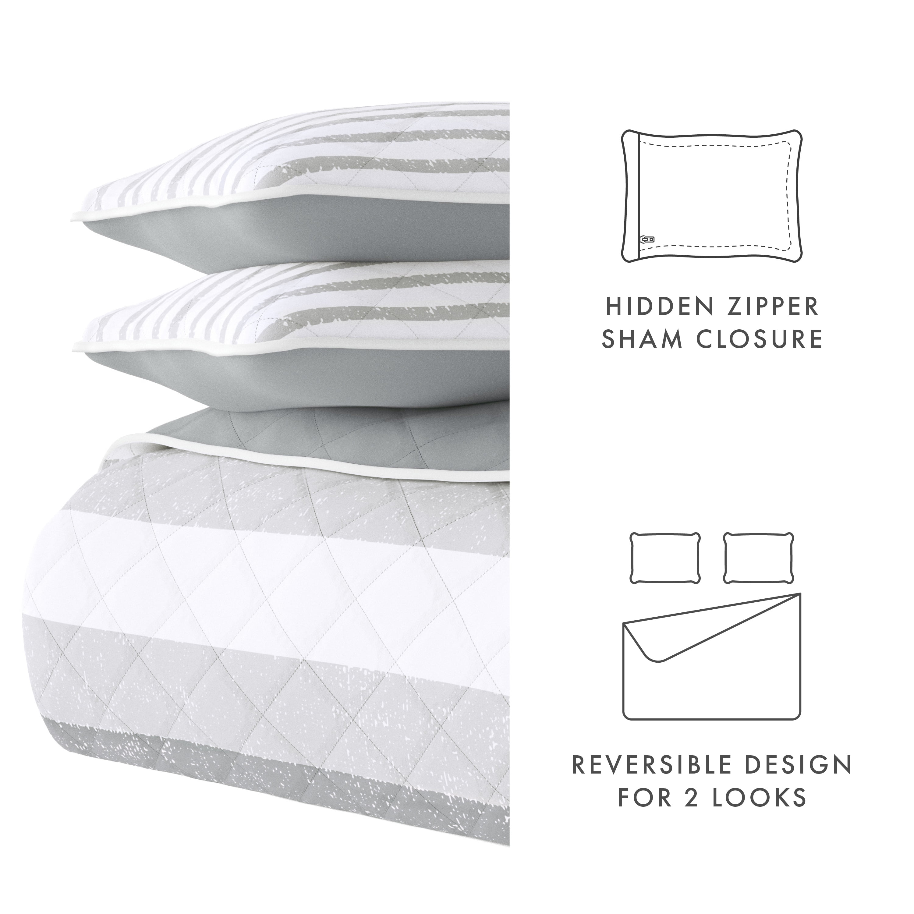 Noble Linens Light Grey 3 Piece Summer Stripes Reversible Microfiber Quilt Set, King / CalKing