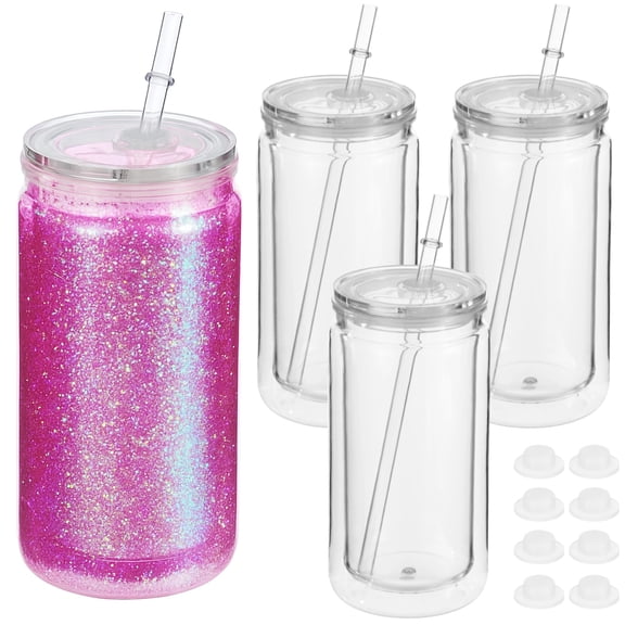 4 Pcs 16 fl oz Plastic Tumblers with Lids and Straws, Double Wall Tumbler with Pre Drilled Hole Bulk Snow Globe Cups, Reusable Mason Cup with Silicone Plugs for Cold Drinks, DIY, Parties