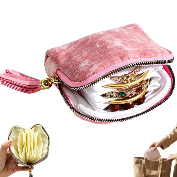 Tangle Free Jewelry Case, 6 Individual Pockets, Soft Protective Lining, Small Travel Velvet Jewelry Organizer for Earrings, Necklaces, Rings, Bracelets and Travel