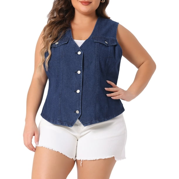 Chaquetas de mezclilla de talla grande GRACE & GRANDEUR sin mangas para mujeres, utilitarias con bolsillo, chalecos de mezclilla 4X azul oscuro