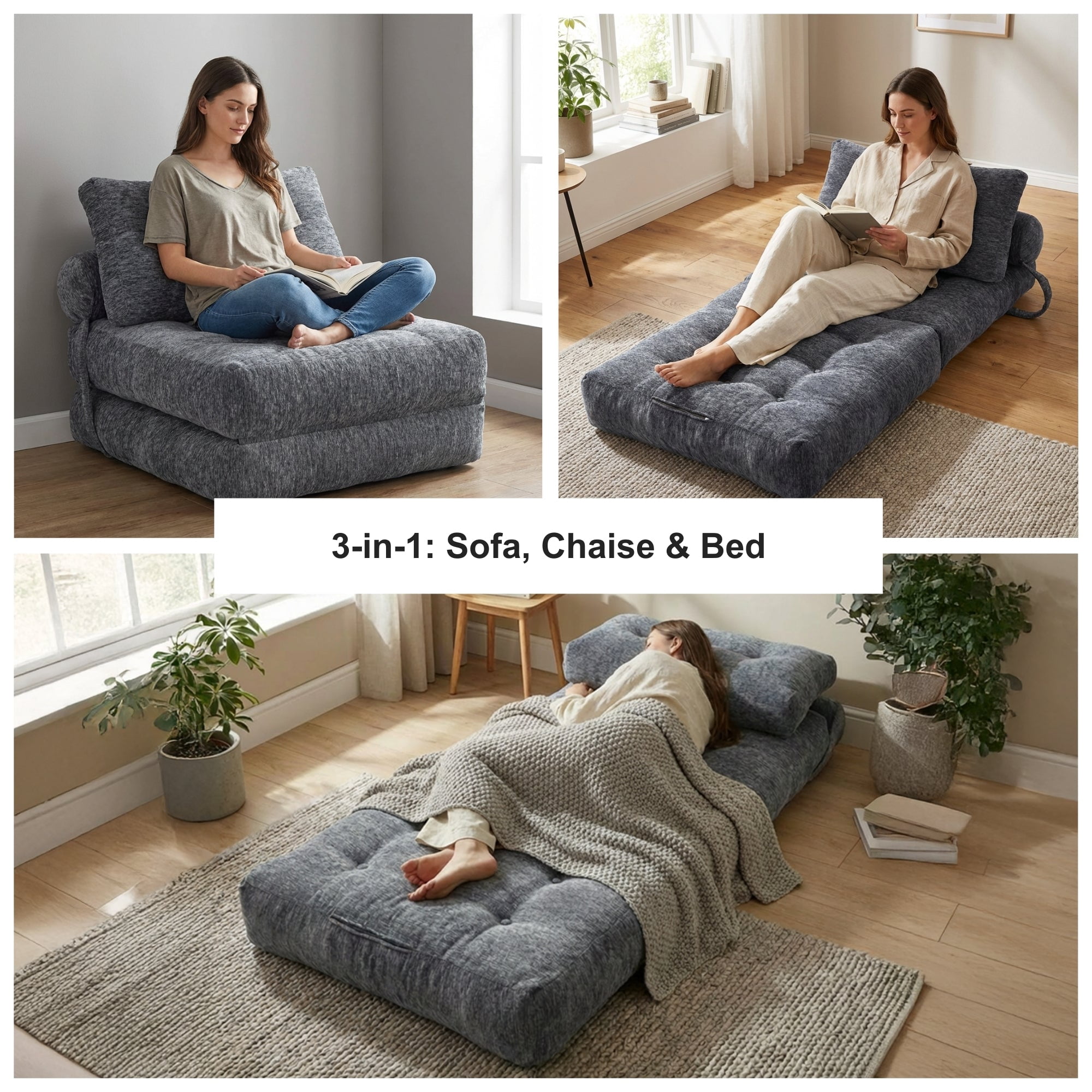 Oak and Birch Boneless Folding Sofa Bed, Convertible Floor Futon Chaise Lounge & Sleeper Bed, Shredded Foam Floor Couch for Living Room, Bedroom, Kids Room, Apartment, Chenille, Dark Gray