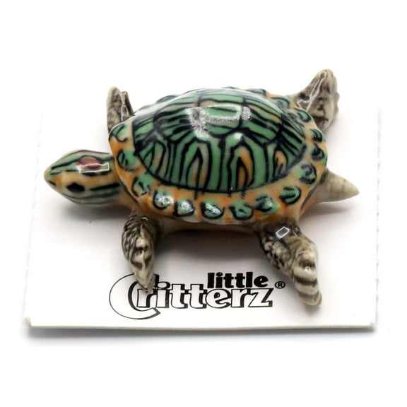 Little Critterz Green Turtle Eared Slider "Bask" - Hand-painted Home Decor Reptile Decorative Figurine - Miniature Porcelain Figurine