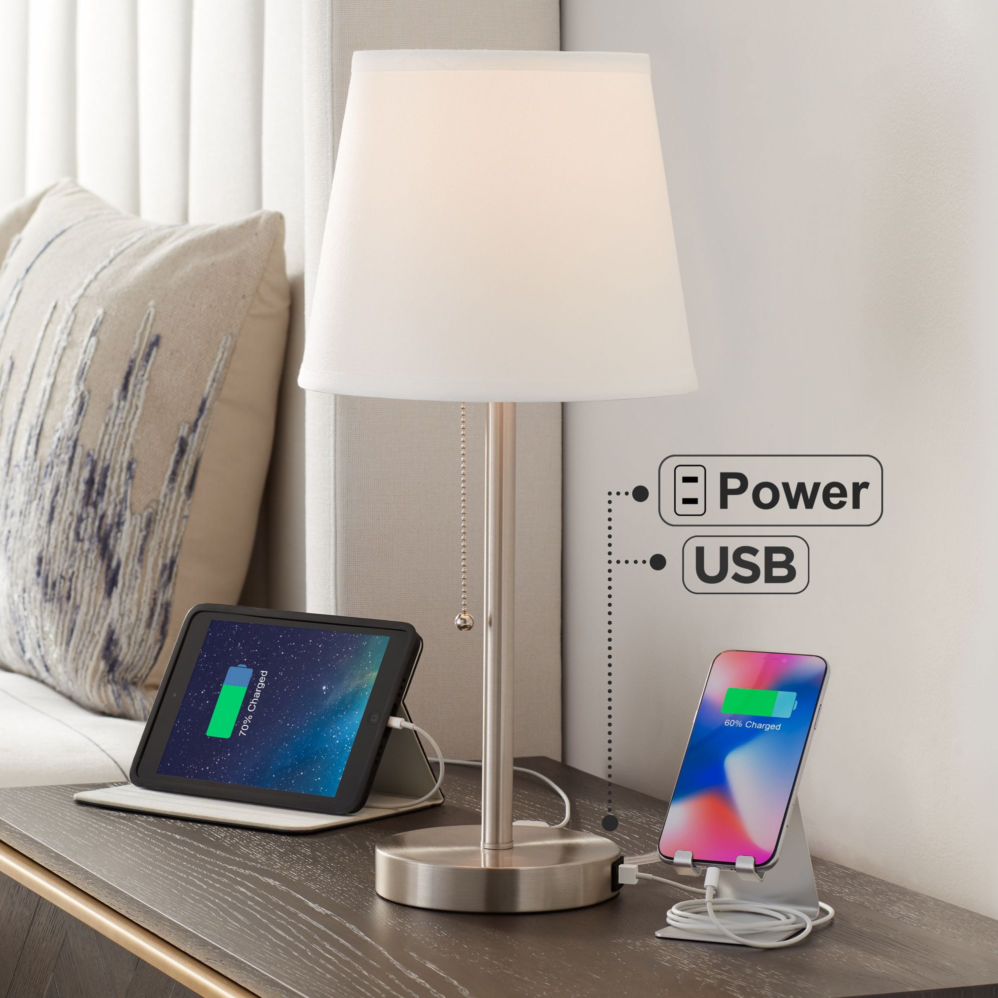 360 Lighting Modern Accent Table Lamp with Hotel Style USB and AC Power Outlet in Base 20" High Brushed Steel White Empire Shade for Living Room Desk