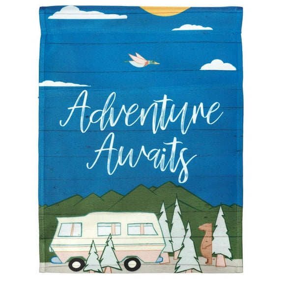 Adventure Awaits Camping Royal Blue 13 x 19 Small Polyester Outdoor Hanging Garden Flag