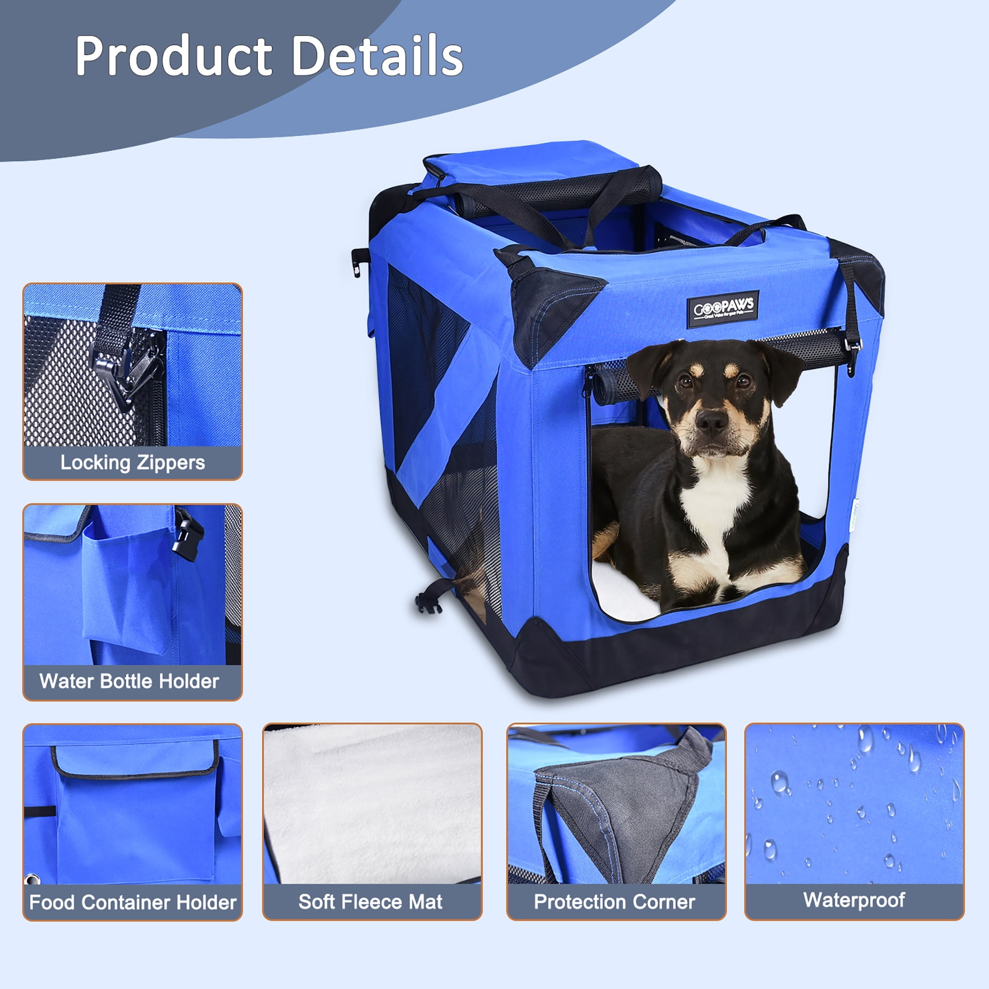 JESPET: 30" Soft Pet Crate - Blue - Dogs & Cats Up to 50 lbs, 3 Door Folding Kennel, Indoor Outdoor Travel Carrier, Mesh Windows, Fleece Mat, GooPaws