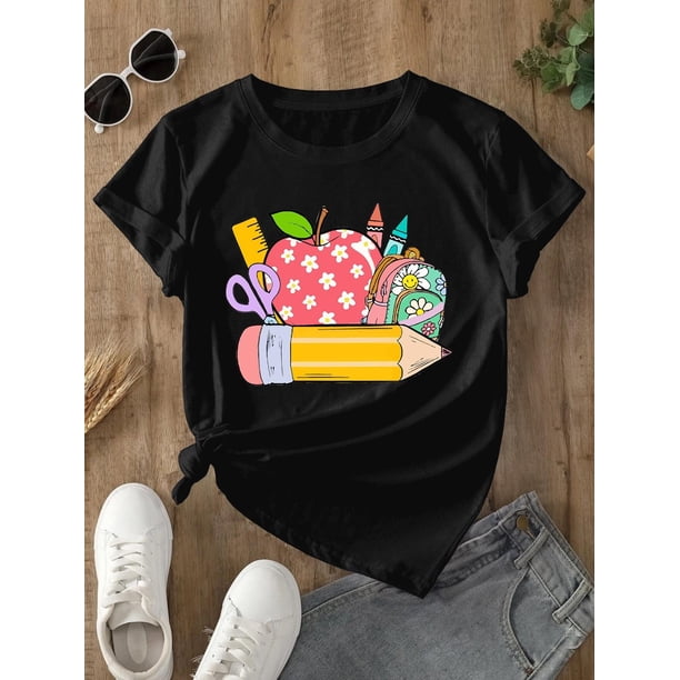 Girls' School-Themed Graphic T-Shirt with apple, Pencil, Scissors - Soft everyday Top for Back-to-School, Classroom Parties - all-Season Kids' Shirt- easy Care Round Neck Tee,Comfortable Fit