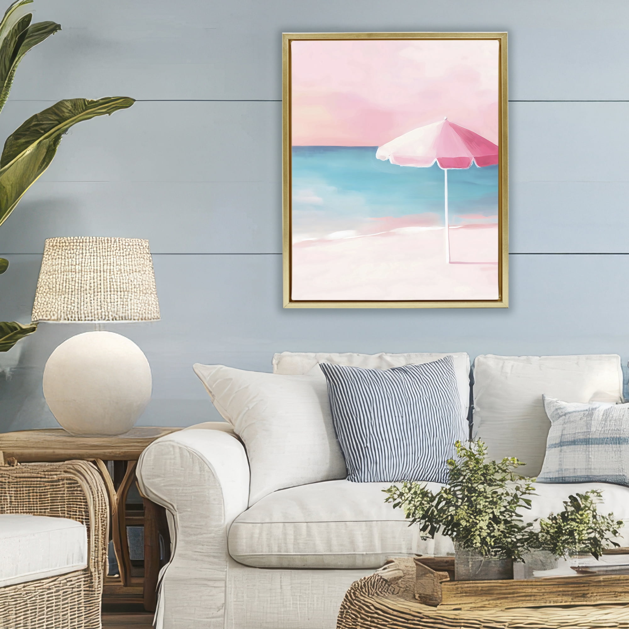 Stupell Industries Serene Pink Beach Umbrella Gold Framed Floater Canvas Wall Art, design by The Prints Vibe