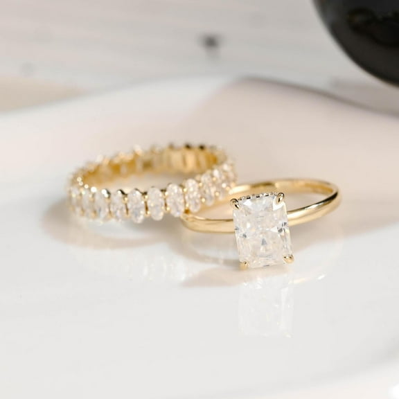 Bluebell Jewels 14K Yellow Gold Finish Hidden Halo Radiant Cut CZ Bridal Ring Set