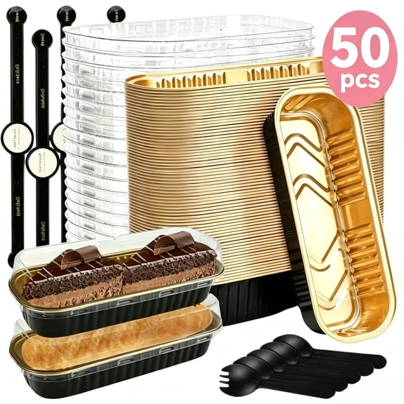 50Pcs Mini Loaf Pans with Lids and Spoons 6.8oz Rectangle Aluminum Foil Baking Pans Reusable Mini Bread Containers Muffin Tins Heat-Resistant Narrow Cake Pans for Mini Brownie Cake Bread