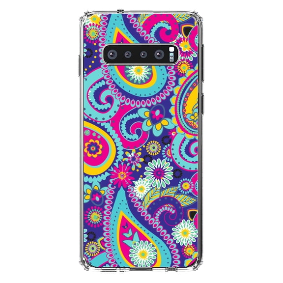 DistinctInk Clear Shockproof Hybrid Case for Samsung Galaxy S10 (6.1" Screen) - TPU Bumper, Acrylic Back, Tempered Glass Screen Protector - Hot Blue Yellow Pink Paisley