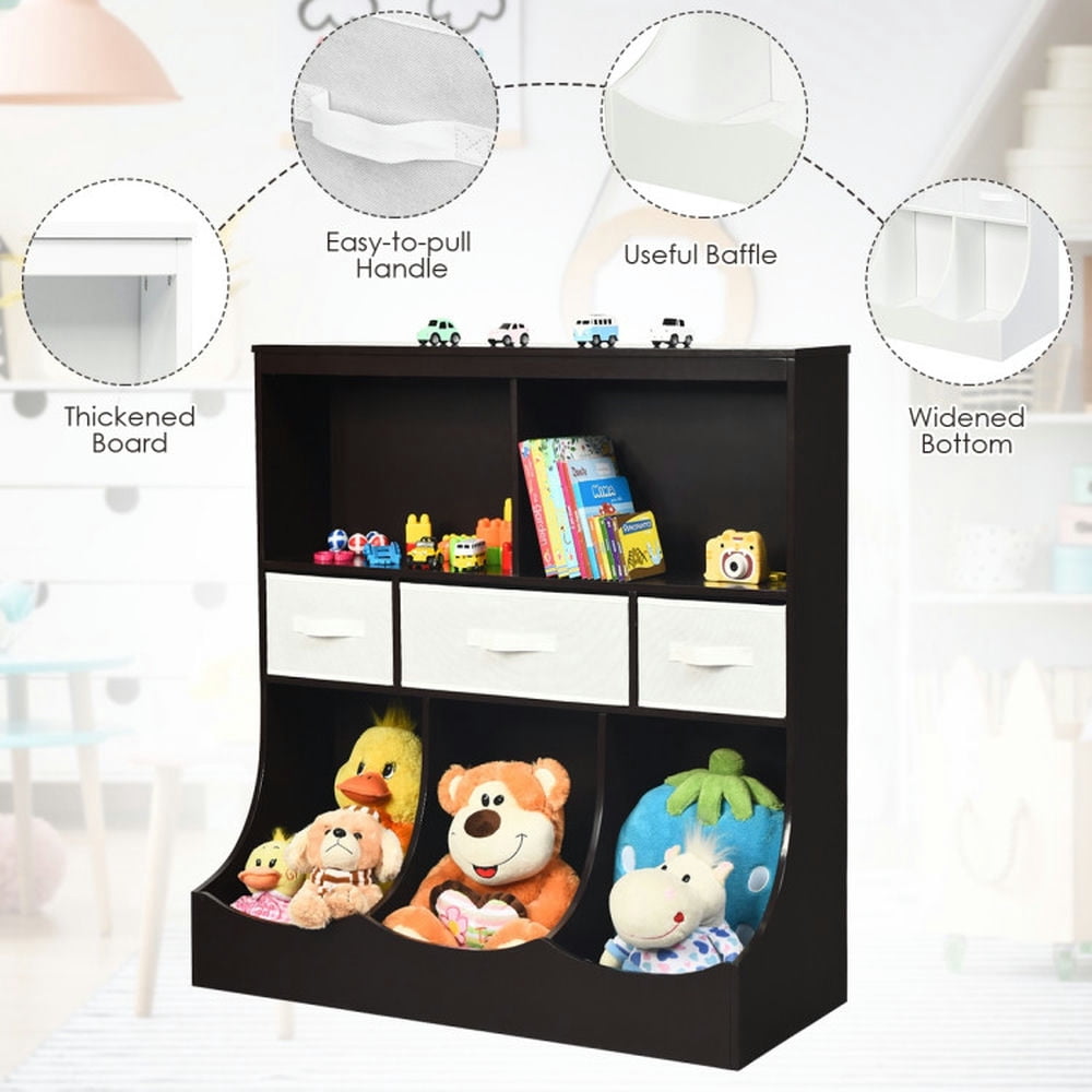 Resenkos Freestanding Combo Cubby Bin Storage Organizer Unit W/3 Baskets-Brown, Kids Toy Storage for Kids, Boys, Girls, Nursery