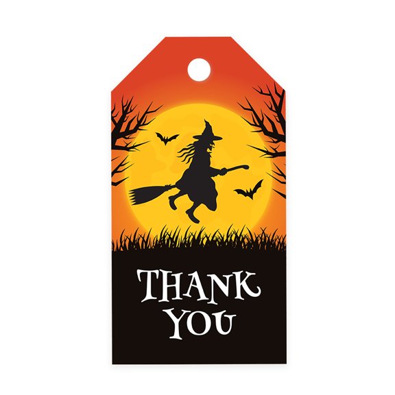 Koyal Wholesale 100-Pk Witch on Broom Halloween Gift Tags With String, Favor Bag Tags Halloween Decorations
