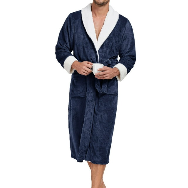 Men's Solid Color V-Neck Long Sleeve Pajama Robe with Pockets and Binding Rope - Comfortable Polyester Loungewear for Home