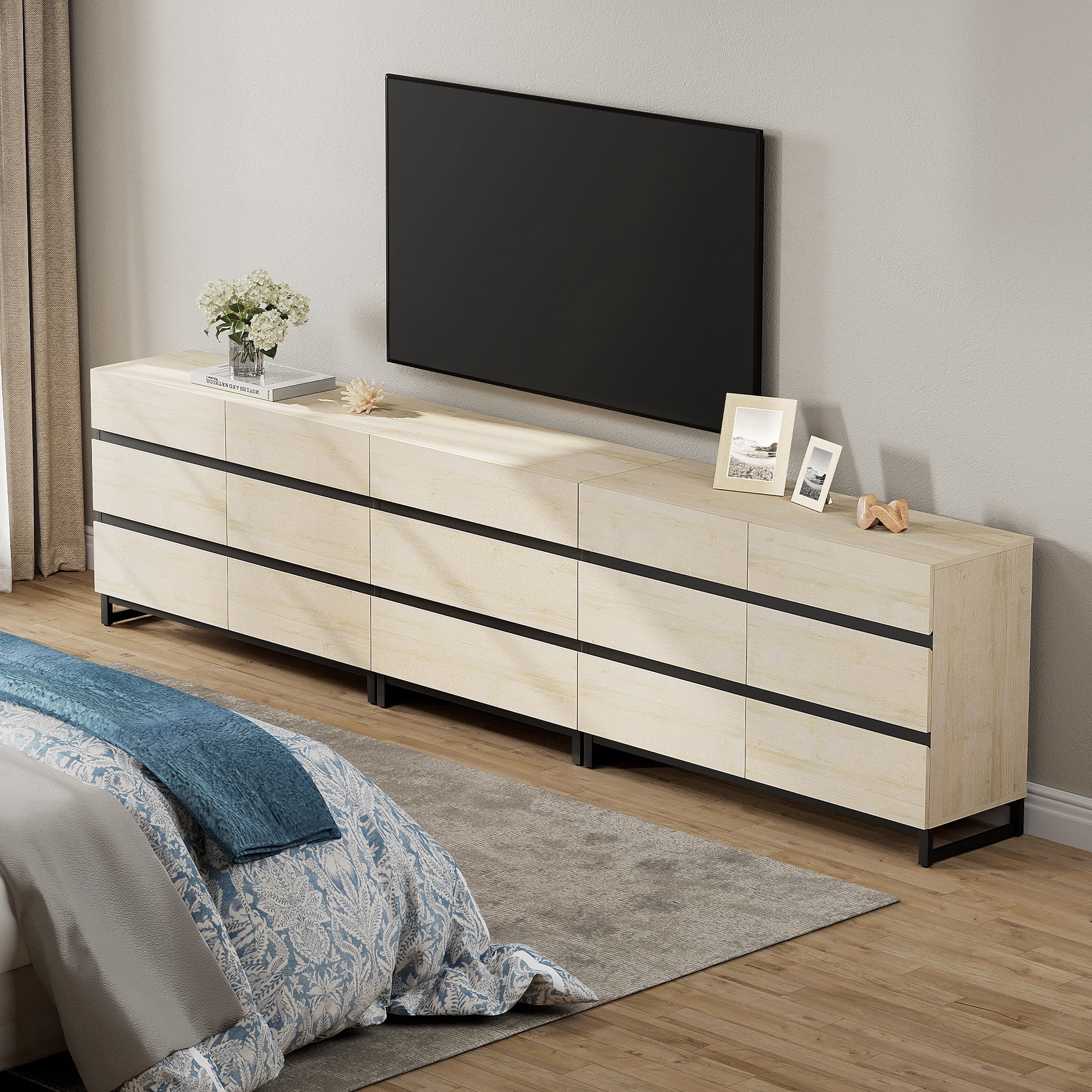 3 In 1 TV Stand For, Modern TV Console With 15 Drawers, Media Console With Adjustable Shelf For Living Room, Bedroom,Beige