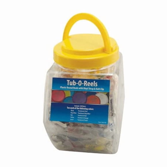 BRADY PEOPLE ID, TUB-0-REELS, PLASTIC ROUND REELS WITH CLEAR VINYL STRAP AND SLIDE TYPE BELT CLIP, 1 TUB CONTAINS 100 BADGE REELS IN BLACK, ROYAL BLUE, GREEN, ORANGE, YELLOW AND PURPLE