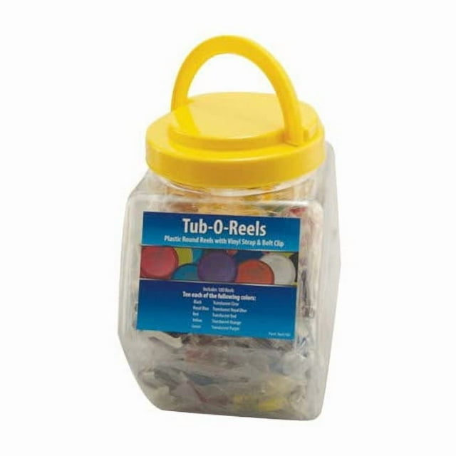 BRADY PEOPLE ID, TUB-0-REELS, PLASTIC ROUND REELS WITH CLEAR VINYL STRAP AND SLIDE TYPE BELT CLIP, 1 TUB CONTAINS 100 BADGE REELS IN BLACK, ROYAL BLUE, GREEN, ORANGE, YELLOW AND PURPLE