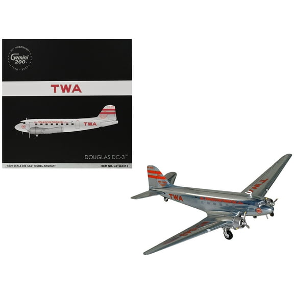 Douglas DC-3 Commercial Aircraft "TWA (Trans World Airlines)" (NC1943) Polished Metal Finish with Red Tail Stripes "Gemini 200" Series 1/200 Diecast Model Airplane by GeminiJets