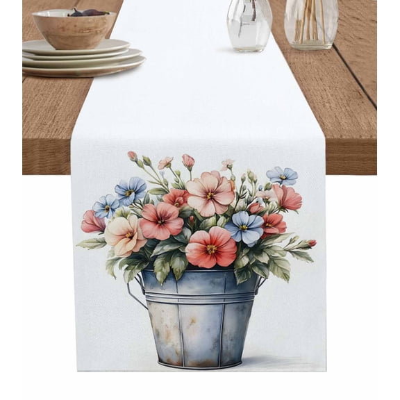 Botanical Blossom Motif Table Runner 60 Inches, Watercolor Daisy Vintage Bed Runner Dresser Scarves Tabletop for Indoor Outdoor Parties/Ceremony/Banquet, 13" x 60"