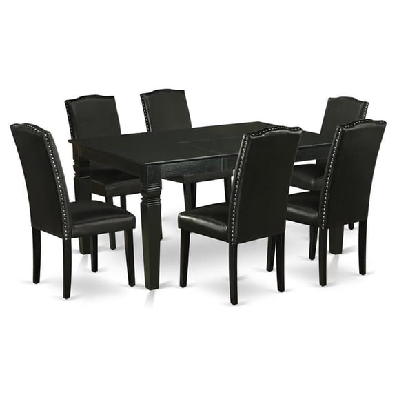 WEEN7-BLK-69 7Pc Rectangular 42/60" Dinette Table With 18 In Leaf And 6 Parson Chair With Black Leg And Pu Leather Color Black