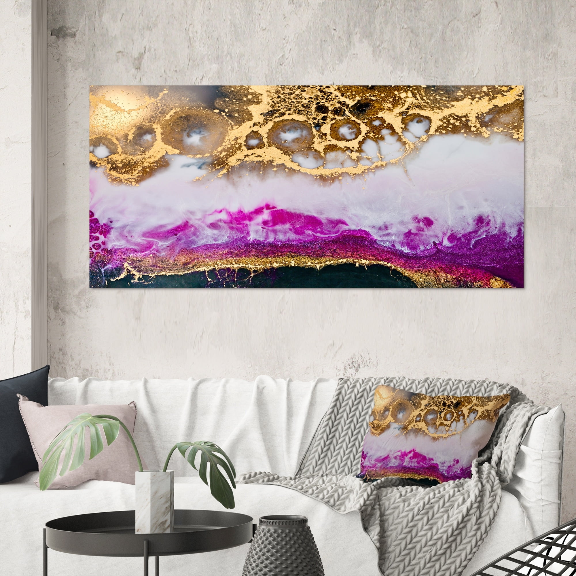 Bless international Gold White And Fuchia Epoxy Resin Art On Metal Print