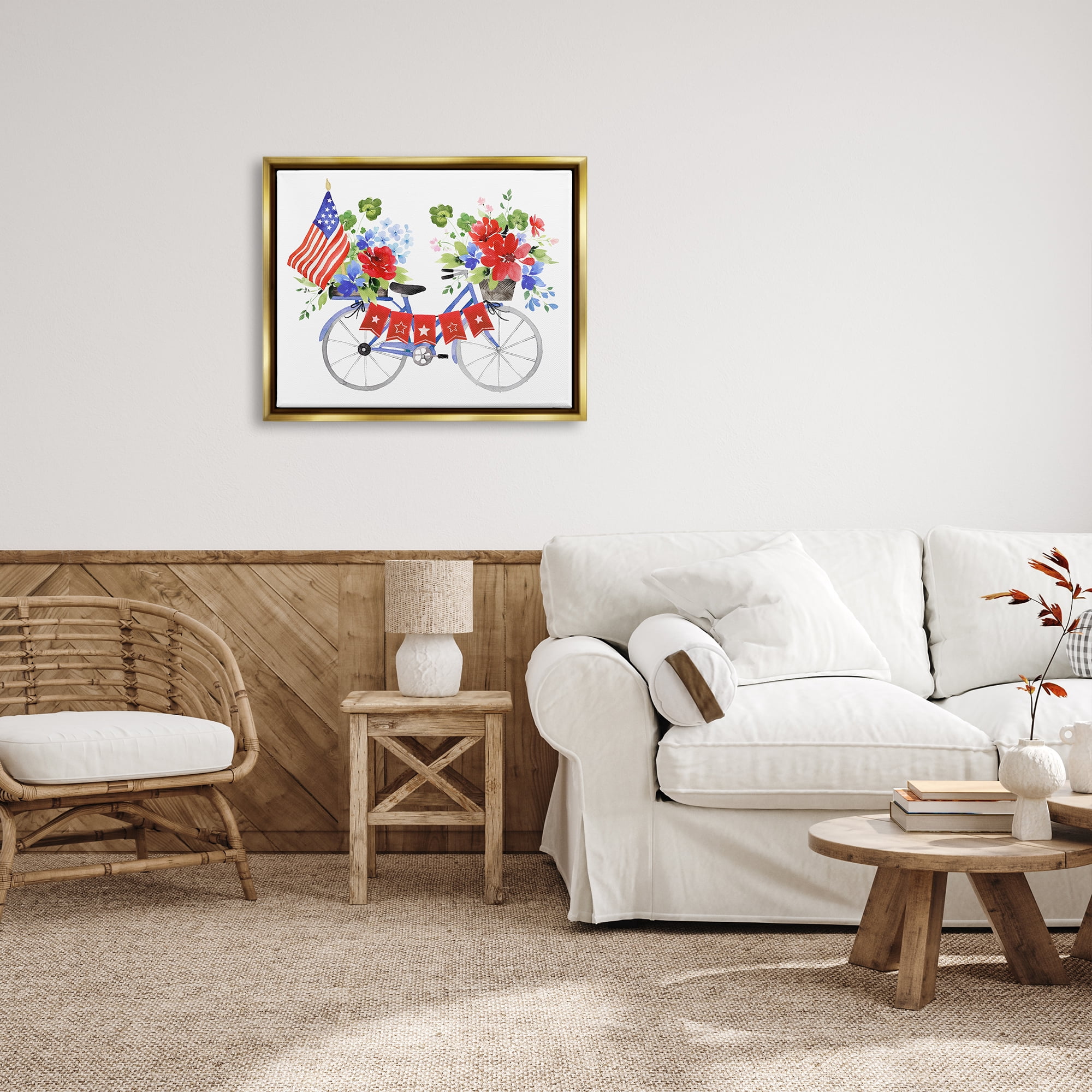 Stupell Industries Floral Americana Bicycle Transportation Painting Gold Floater Framed Art Print Wall Art, 31 x 25