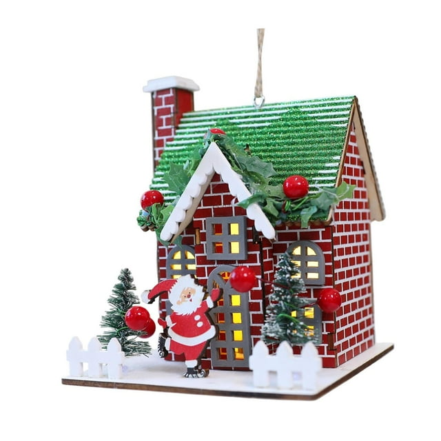Adorno navideño de casa de madera con elementos clásicos de Papá Noel para niños, juguete mini coleccionable ladrillos rojos