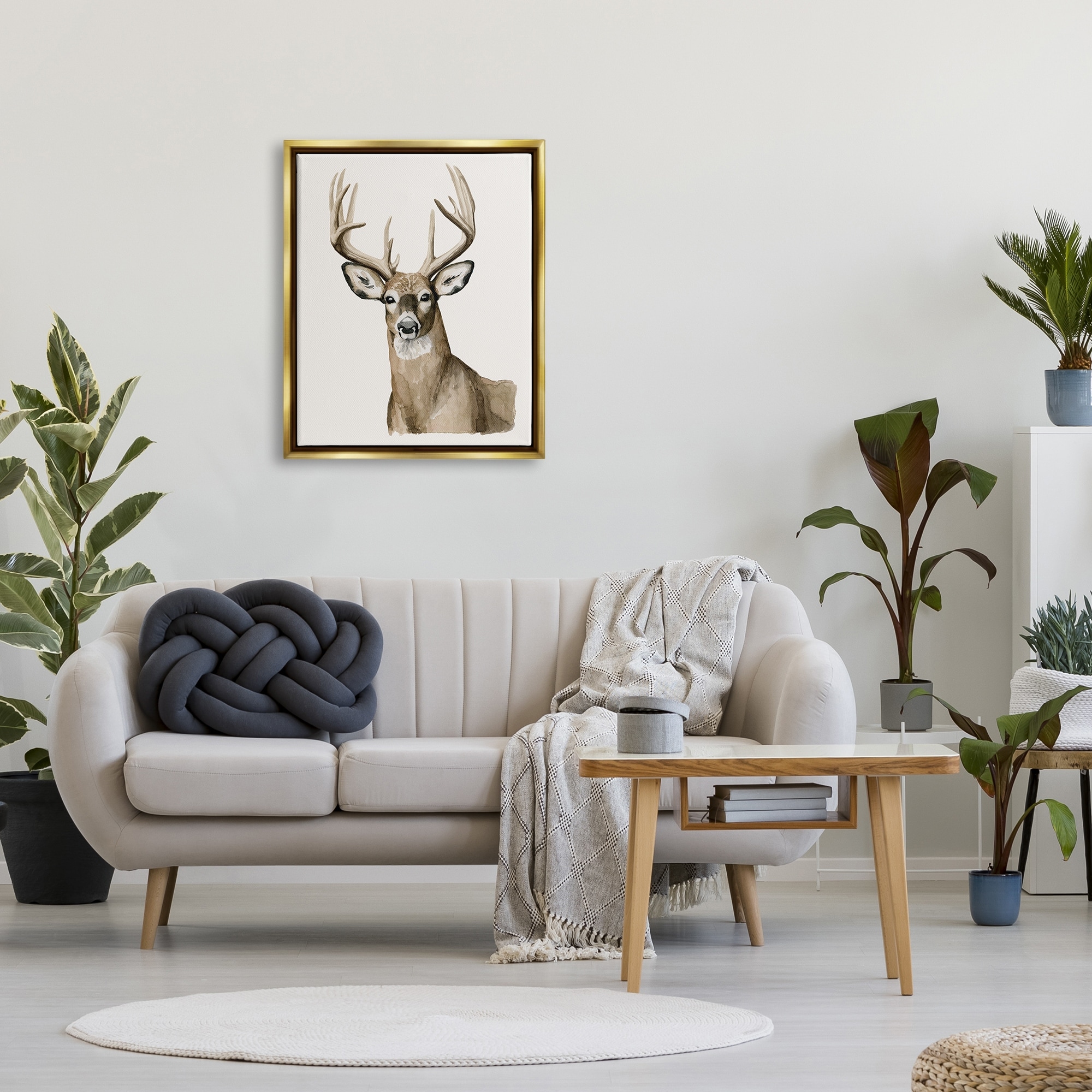 Stupell Industries Brown Deer Gazing Antlers Watercolor Style Portrait Painting Metallic Gold Floating Framed Canvas Print Wall Art, Design by Grace Popp