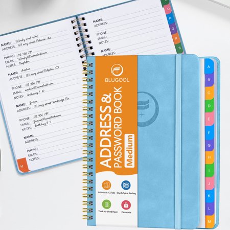 Address Book with Colored Alphabetical Tabs, Hardcover Spiral Bound for Seniors, Record Contacts, Passwords, and Special Dates, 5.7" x 7.7" Blue