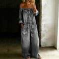 thumbnail image 2 of Off-Shoulder Denim Jumpsuit for Women, Long Sleeve Button Front Wide Leg Romper with Pockets - Washed Casual Playsuit Gray S, 2 of 6