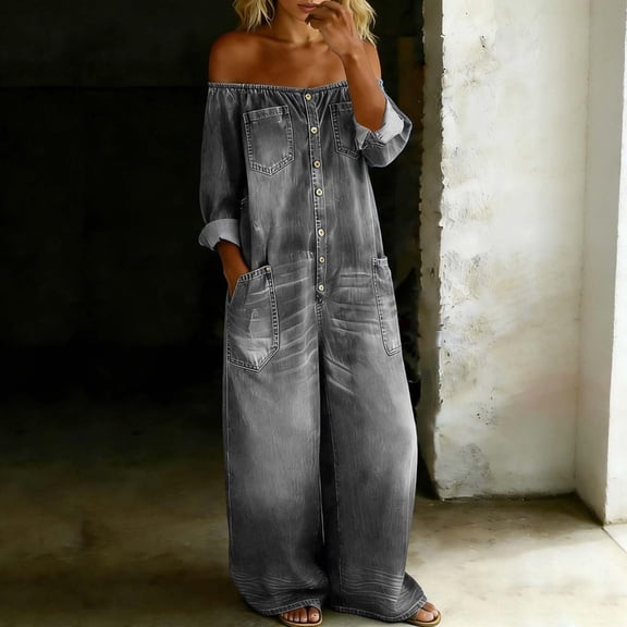 Denim Jumpsuit for Women Long Sleeve Off Shoulder Jean Jumpsuit Button Down Wide Leg Jean Overalls with Pockets, L