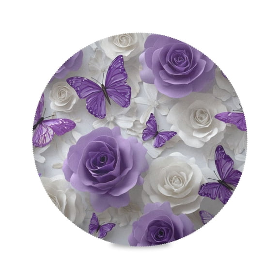 Round Placemats Set of 1 Heat Resistant Washable Kitchen Table Decorations 15.4in Purple Butterflies and White Roses