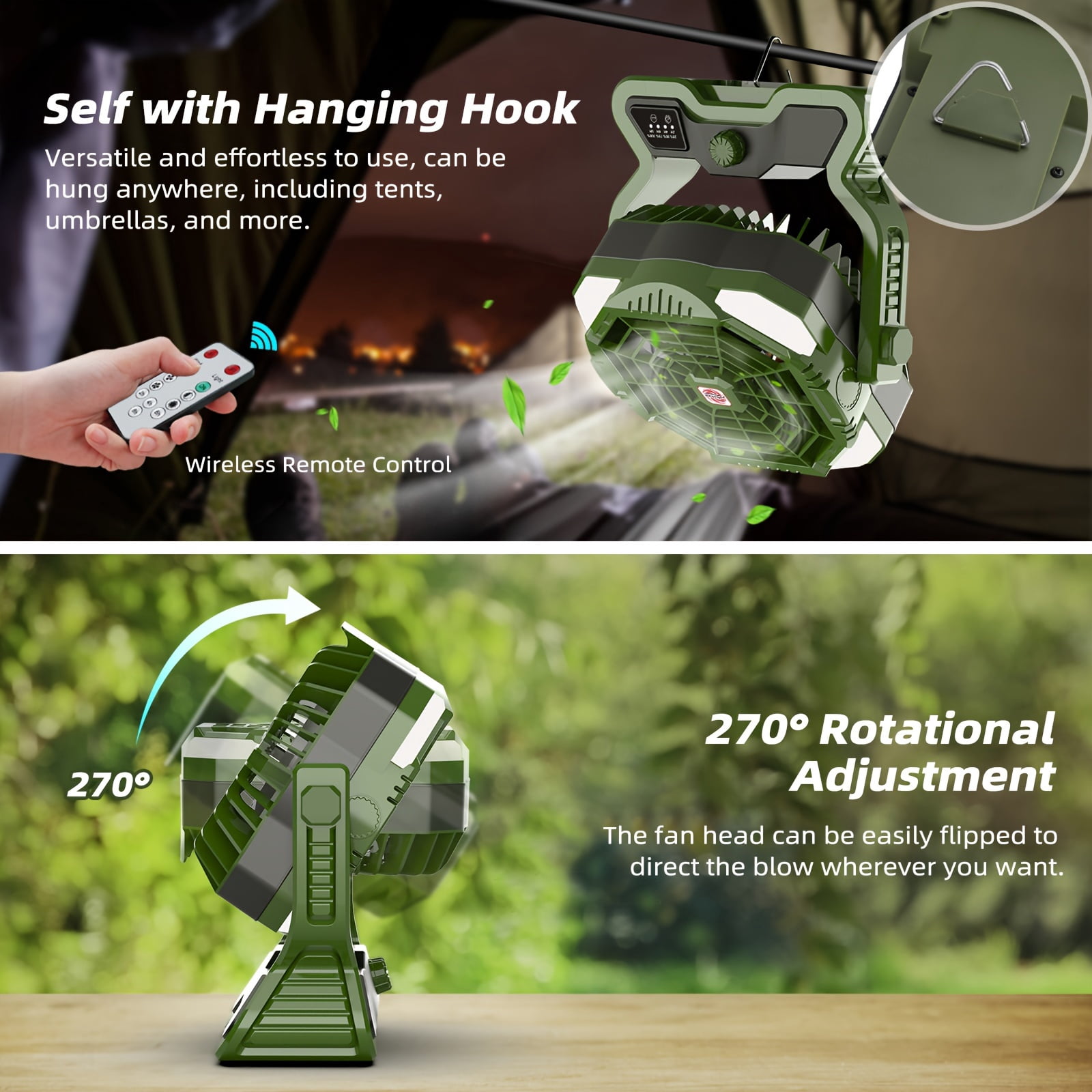 Roykaw Rechargeable Camping Fan w/LED, 20000 mAH Battery Fan, 36 Hrs Work, Cordless Portable Fan