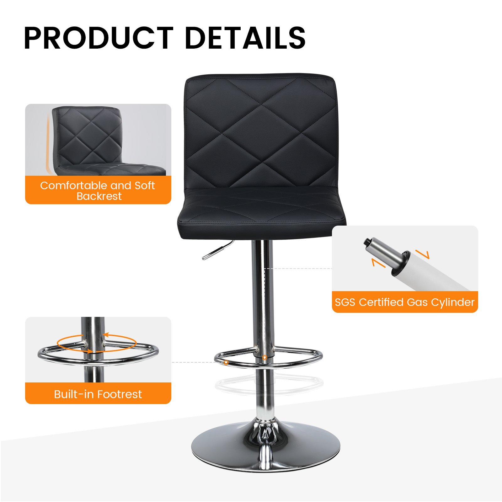 COMHOMA Bar Stools, Modern PU Leather Swivel Adjustable Hydraulic Bar Stool with 16.1” Wide Base, Height Adjustable Counter Stool Set of 2, Black