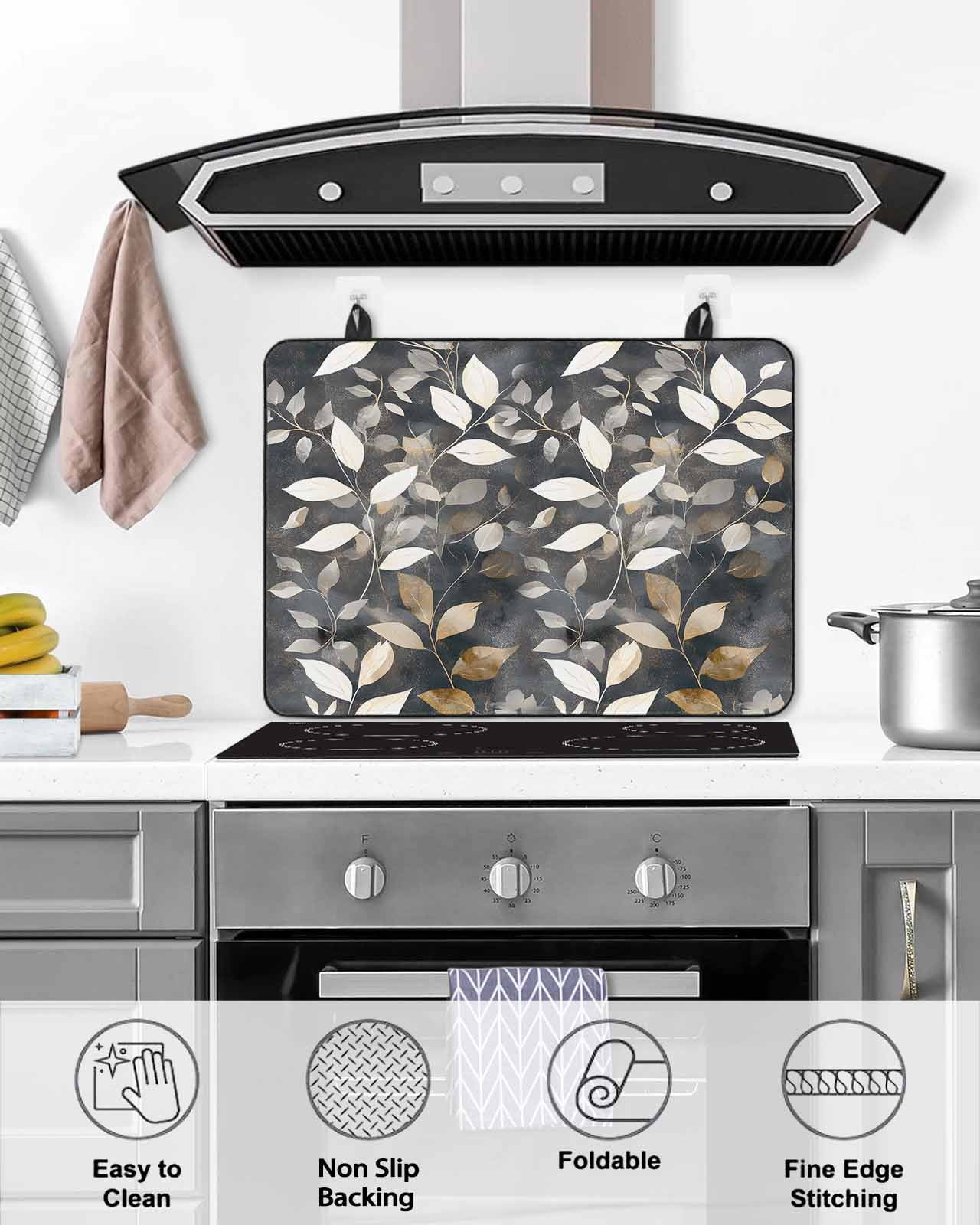 nqOlkjepod Large Induction Cooktop Protector Mat 36"x21", Brown White Leaves Stove Top Covers for Electric Stove, Farmhouse Vintage Botanical Plants Stove Burner Cover Mats, Glass Top Stove Cover