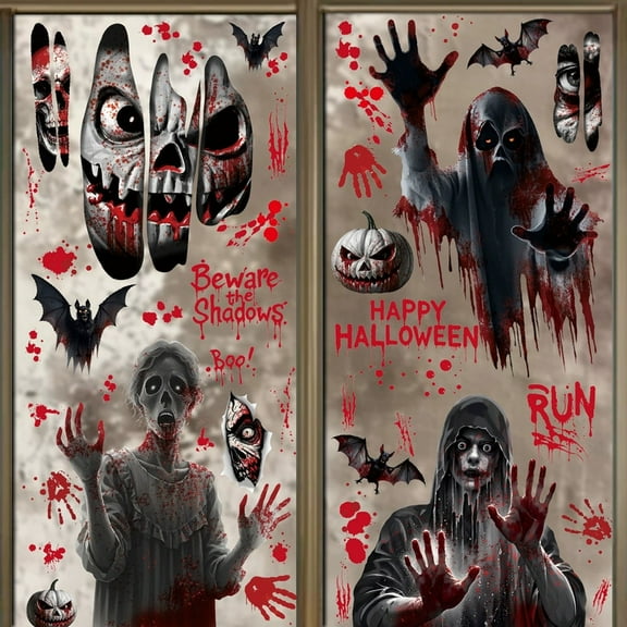 Halloween Bloody Window Clings Posters Bloody Handprint Sticker Party Decoration Haunted House Door Cover Creepy School Dormitory Window Decoration