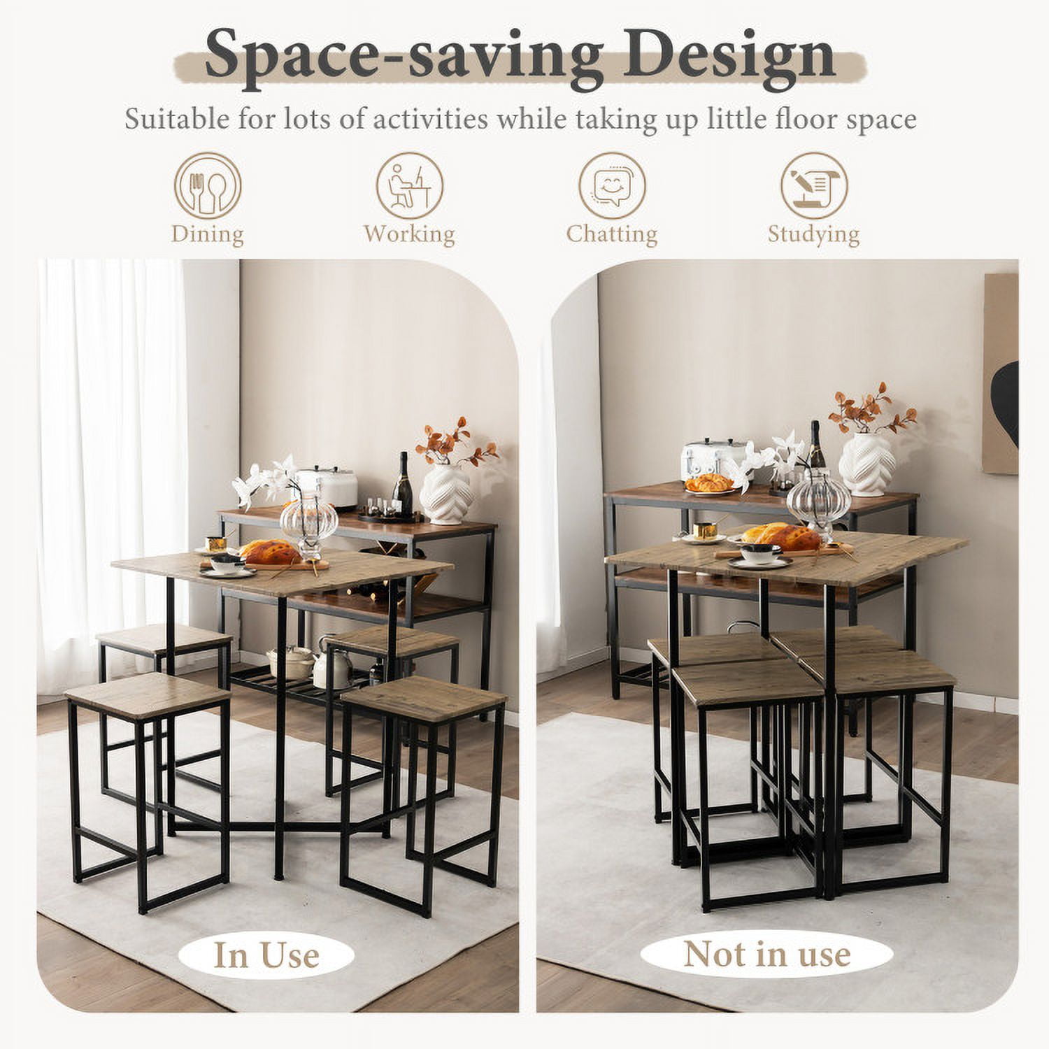 Finihen Dining Set, Dining Table Set, 5 Piece Square Space-saving Dining Table Set with 4 Stools, for Home, Restaurant, Brown Finihen Dining Set, Dining Table Set, 5 Piece Square Space-saving Dining Table Set with 4 Stools, for Home, Restaurant, Brown