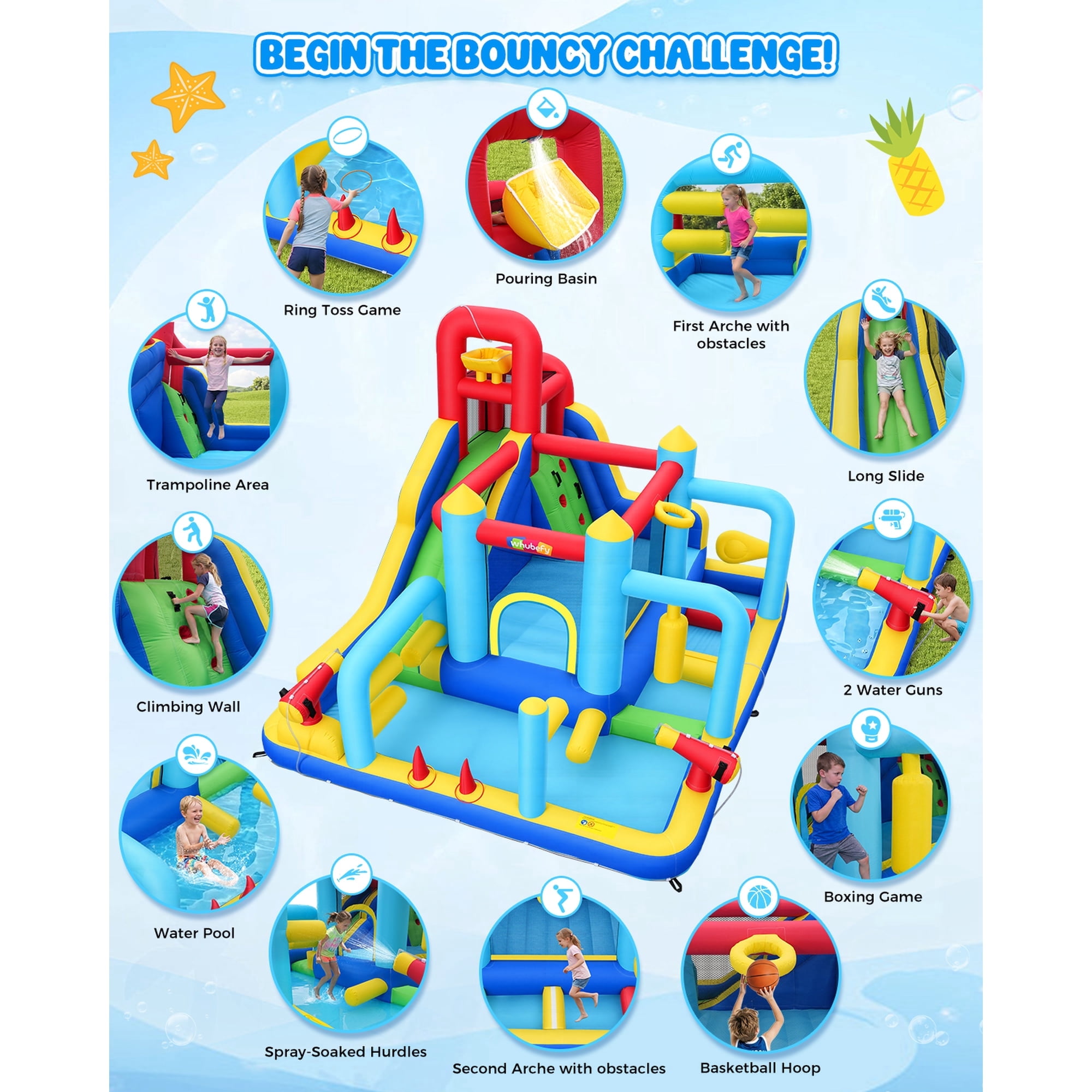 Inflatable Water Slide Bounce House with 550W Blower, Obstacle Bouncy House for kids 3~10, Indoor Outdoor Water Park with Long Water Slide, Junping Area, Water Cannon, Basketball Hoop