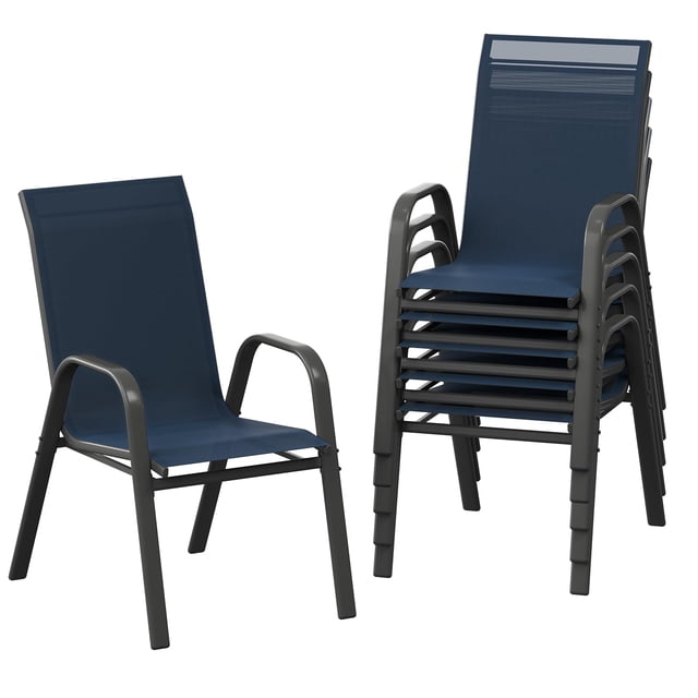 Stackable Patio Chairs Set of 6–High Back Outdoor Dining Chairs with Armrests–Lightweight All-Weather Textilene,140kg Capacity–Perfect for Backyard,Garden,Poolside–Black-Gray Spray Plastic & Navy Blue
