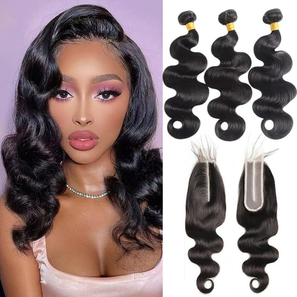Body Wave Bundles Human Hair With Closure(14 16 18+2X6 Hd Lace Clousre 12Inch) 100% Human Hair Bundles With Closure Natural Black Hair Extensions For Women