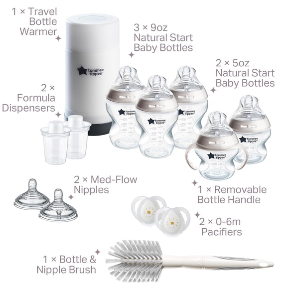 Natural Start 14 Piece Baby Bottle, Travel Bottle Warmer & Pacifier Set, 5 Bottles, 0 months, 2 Newborn Pacifiers, 2 Extra Nipples, Removable Bottle Handles, Brush, Clear
