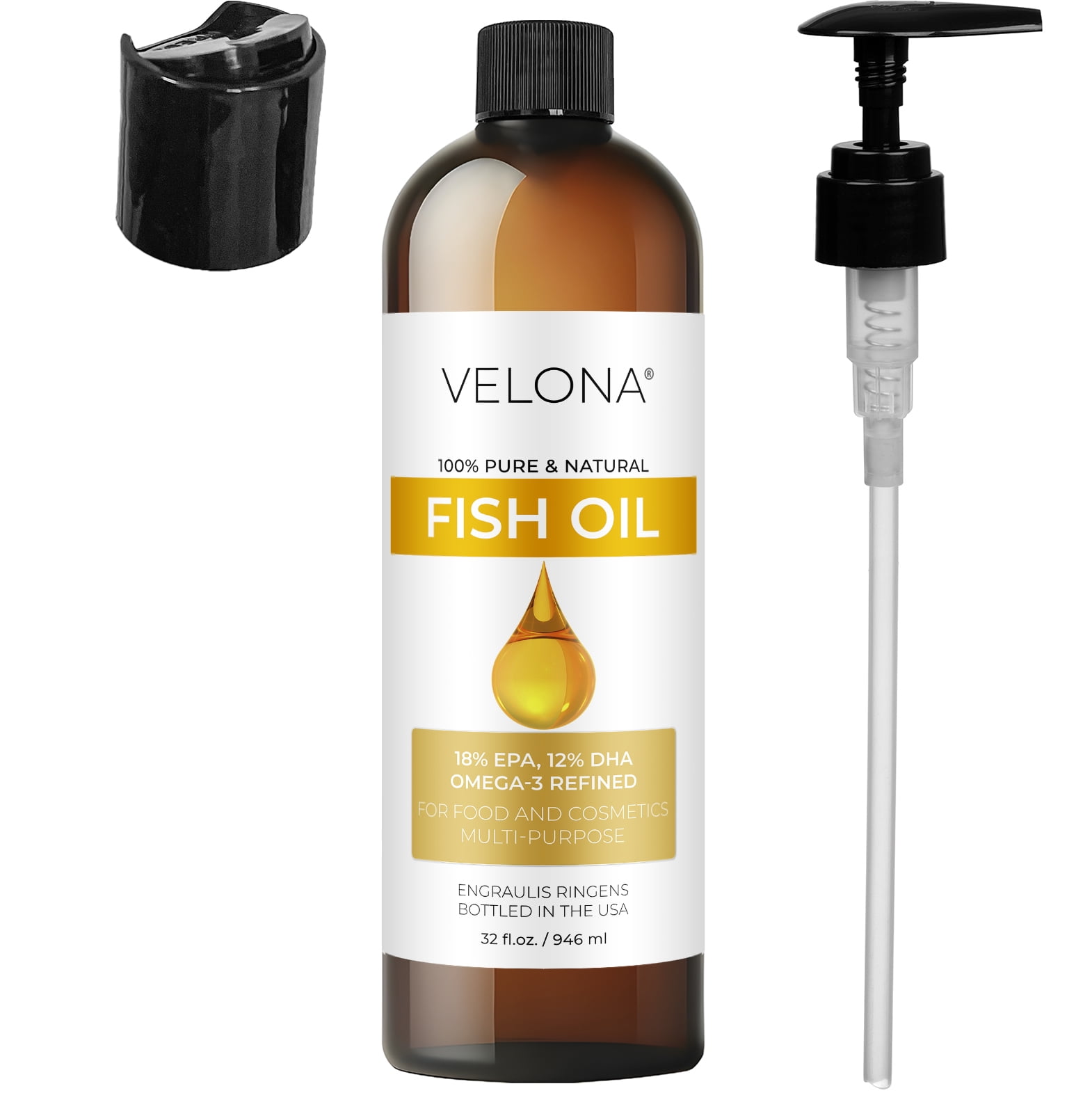 Fish Omega-3 Oil by Velona - 32 oz | 100% Pure and Natural Carrier Oil | Refined, Cold pressed | Vitamin E, D, Omega-3 | Cooking, Skin, Face, Body, Hair Care | Use Today - Enjoy Results