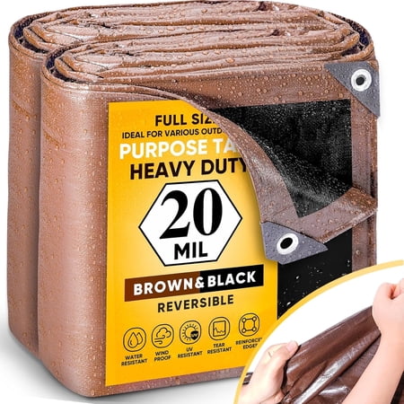 GZBtech 20Mil Super Heavy Duty Tarp 10x12FT Waterproof Thick Brown&Black Outdoor PE Tarps for Patio Garden Use UV Resistant Plastic Ground Cover for Trailer Car Truck Bike Pool Firewood
