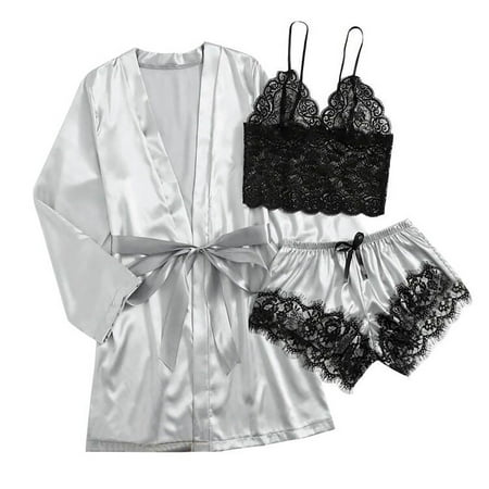 YOTMKGDO Valentines Day Lingerie  Satin Silk Pajamas Ladies Nightdress Lingerie Robe Lingerie Pajamas (Grey  S)