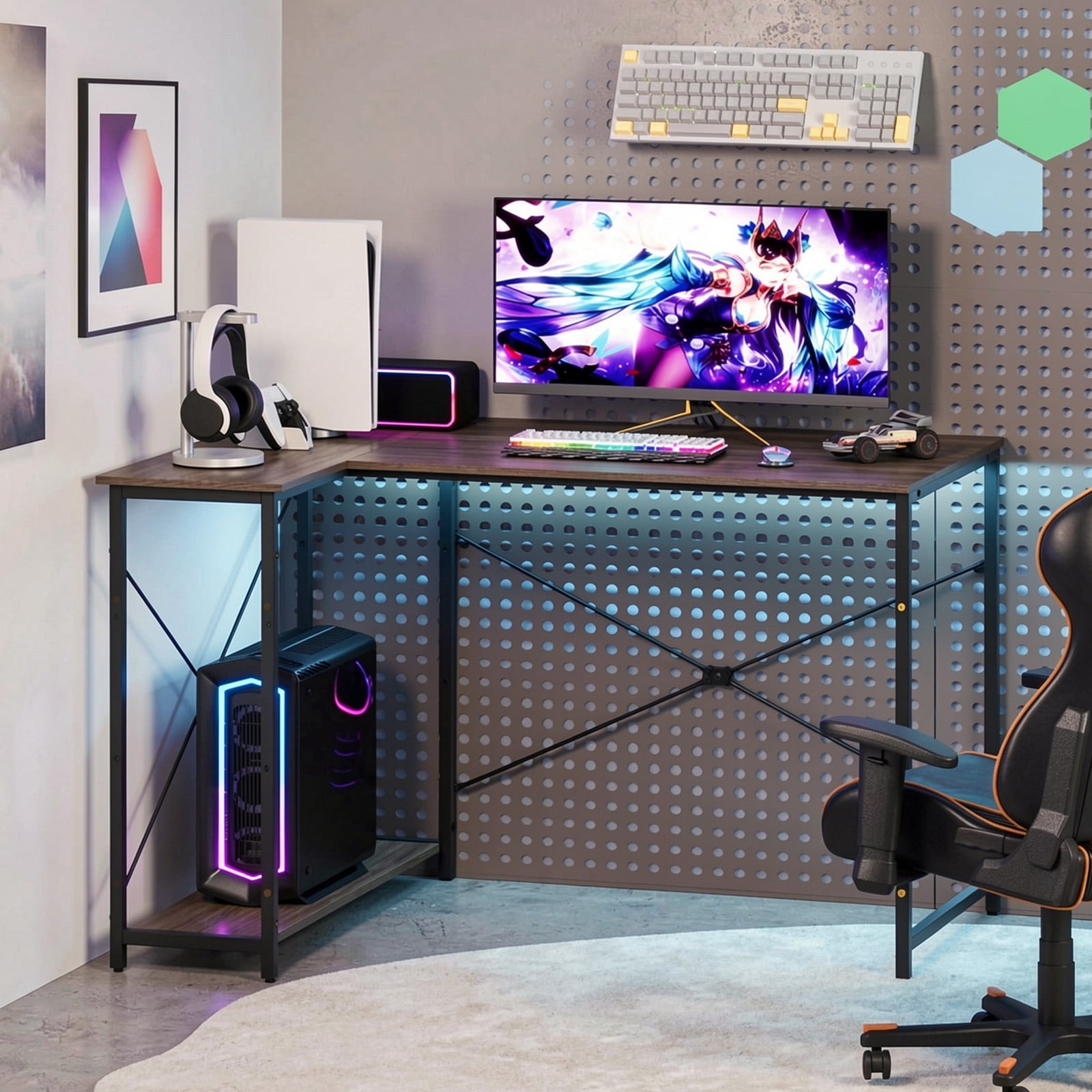 Furnibear 48 Inch Reversible L Shaped Computer Desk with Adjustable Middle Shelf 2 Tier Storage Steel Frame Engineered Wood Gray