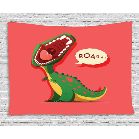 - Dinosaur Tapestry, Aggressive Prehistoric Cartoon Animal Roaring Open Mouth Wildlife, Wall Hanging for Bedroom Living Room Dorm Decor, 60W X 40L Inches, Dark Coral Green Yellow, by Ambesonne