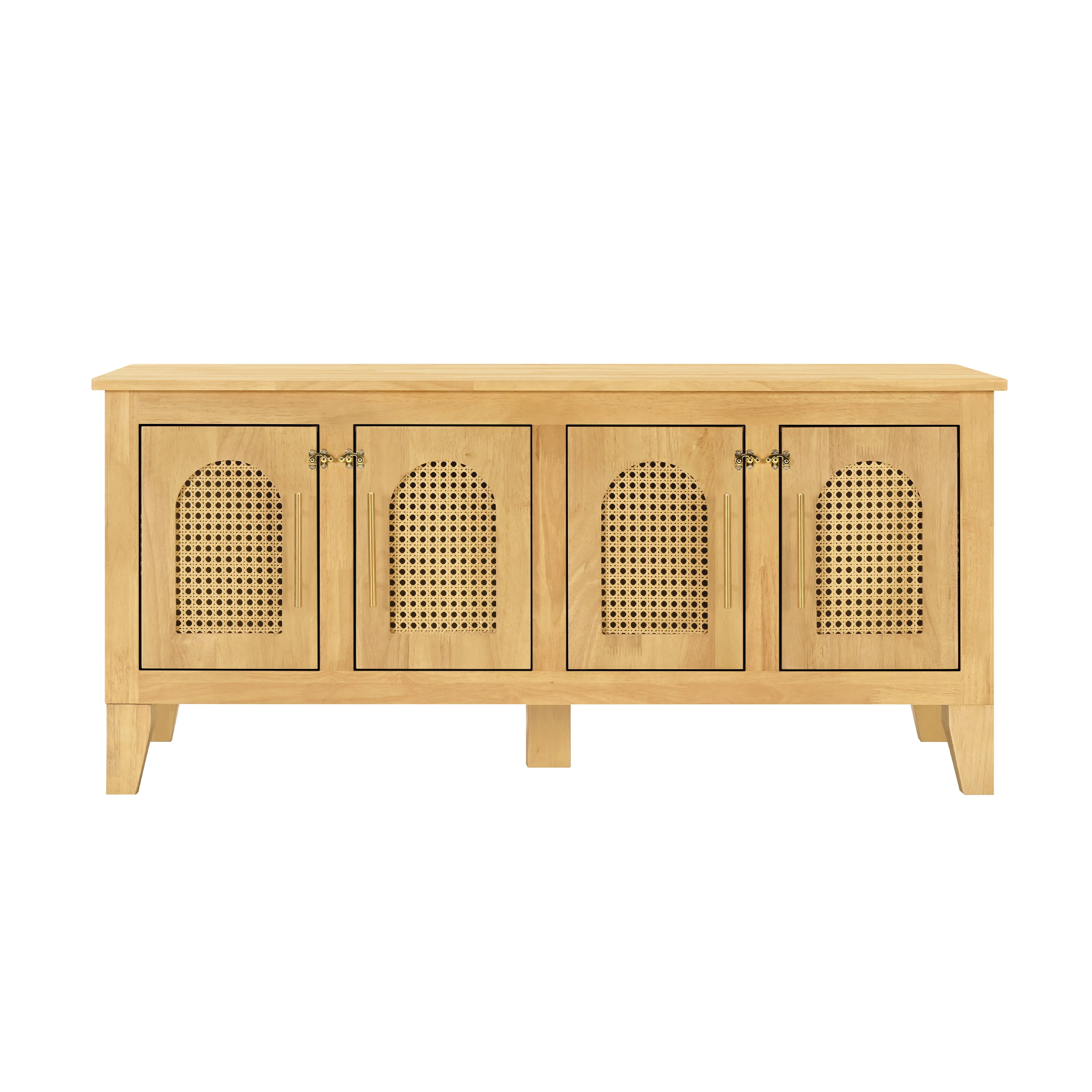 Indoor Rattan Decorated Rubber Wood Dog Crate Cabinet, Pet Kennel with Storage & 4 Doors for Living Room