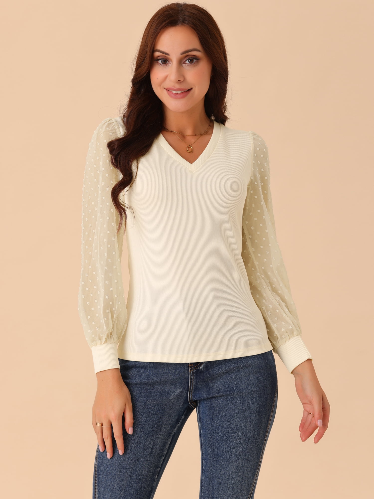 DARING DIVA Women's Long Sleeve V Neck Swiss Dot Mesh Sleeve Blouses M Beige