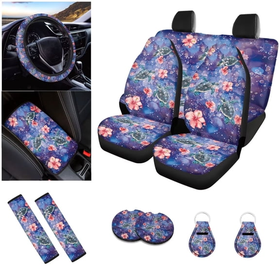 Ledback Sea Turtle Car Seat Covers Full Set, Hibiscus Printed Steering Wheel Cover Car Front & Rear Seat Cover Car Accessories, Neoprene Seat Belt Pads Car Coasters Keychain