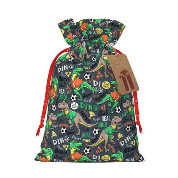 Naloa Dinosaur Plays Soccer Drawstring Christmas Bags, 3D Xmas Gift Bags, Christmas Wrapping Bags, Xmas Goodie Bags, Treat Pouch Bags, Party Favor Bags-Small
