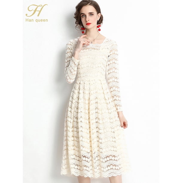H Han Queen-Vestidos Vintage de manga larga para mujer, ropa de encaje flocado Simple, Vestidos de fiesta informales de oficina, Otoño, 2024
